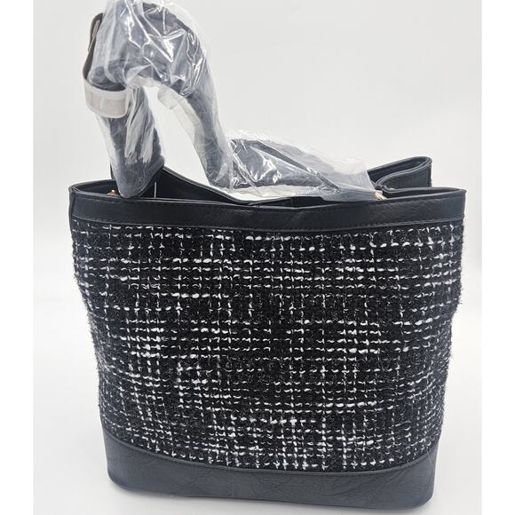 Jen & Co Tweed Bucket Handbag Classic Contemporary Vegan Preppy Minimalist Chic - Picture 5 of 12